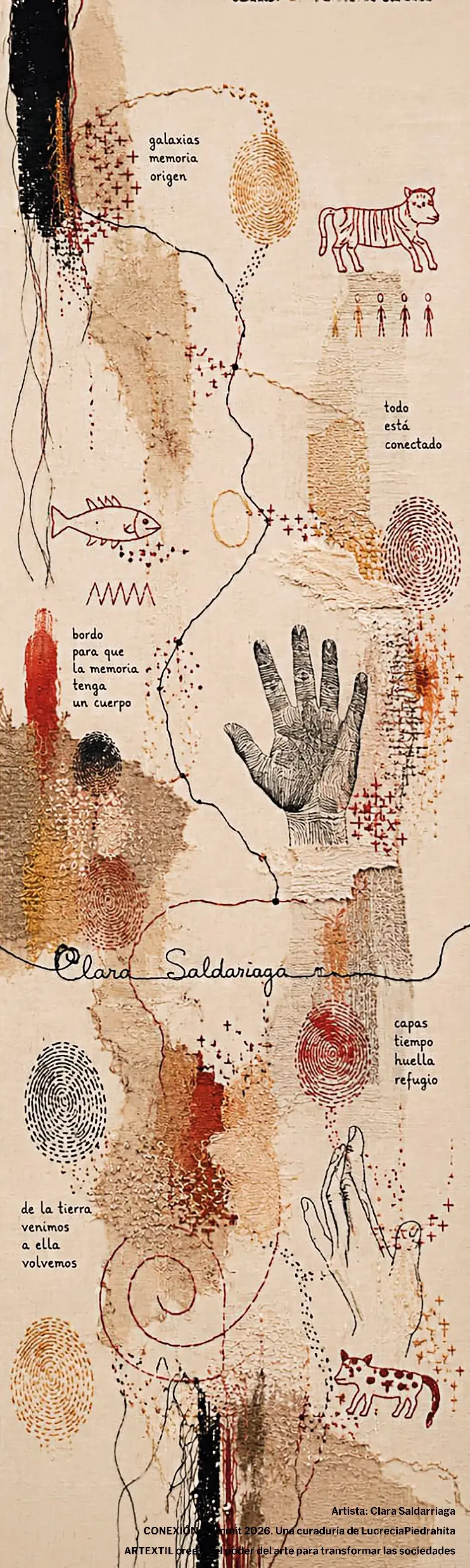 Ficha visual de la obra presentada por Clara Saldarriaga, técnica indicada: Textil.