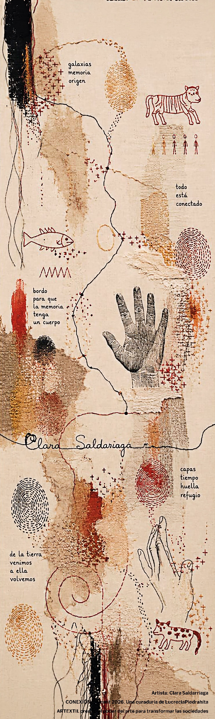 Ficha visual de la obra presentada por Clara Saldarriaga, técnica indicada: Textil.